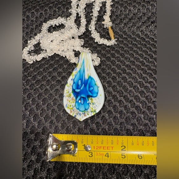 Delicate Floral Teardrop Glass Pendant Necklace with Vibrant Blue Flowers - Picture 10 of 12